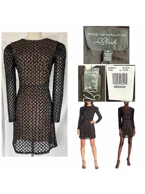 DRESS THE POPULATION Women Medium Nude Black Collins Sequins Dress NWT New $478